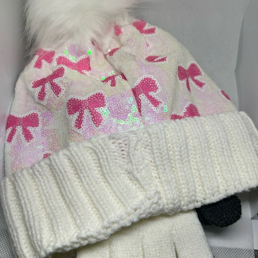 Justice Sequin‎ Kid’s Hat Gloves Set White and Pink Bow